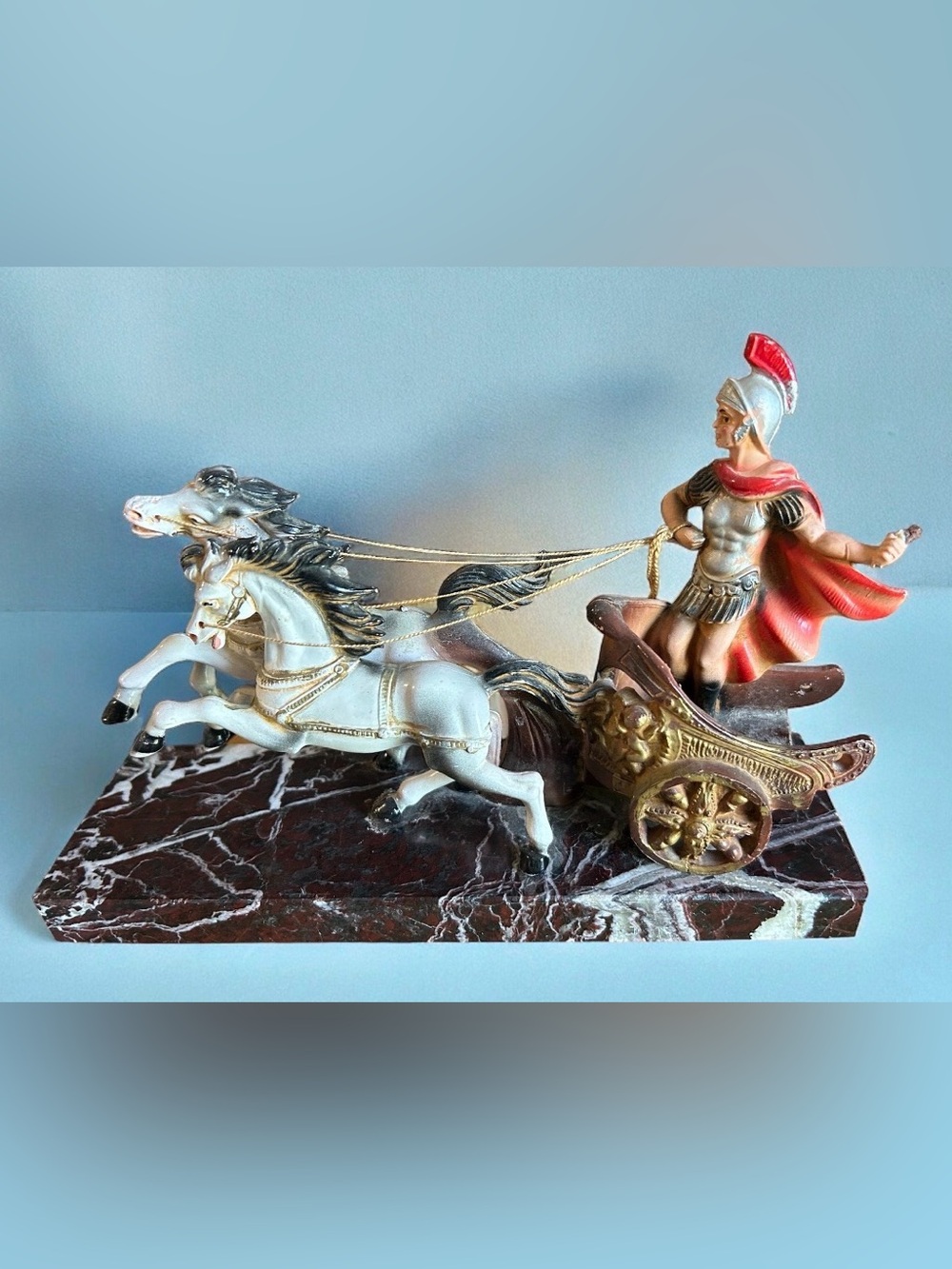 ROMAN SHOLDIER CHARIOT, HORSES SCULPTURE, FIGURINE, ITALY, VINTAGE 10x9x3”
